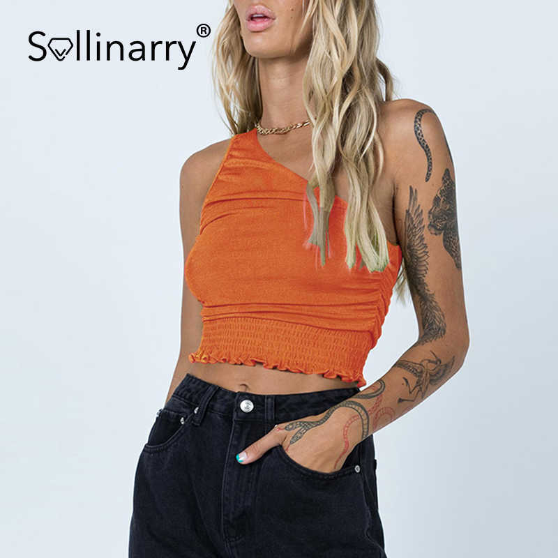 

Sollinarry High street smock solid women tank top summer Fashion ruffle ladies tank top crop Sexy sheath pleated club top 210709, Orange