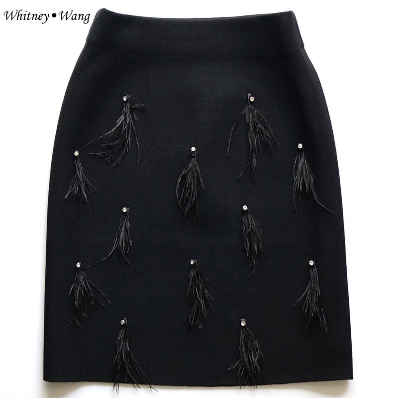 

Skirts WHITNEY WANG 2021 Fashion Elegant Diamonds Feathers Mini Skirt Women Office Lady Black