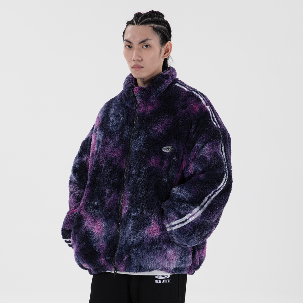 

2021 New Tie Dye Plush Reflective Men Winter Harajuku Casual Mens Hip Hop Loose Oversized Jacket Fashion Coat Streetwear Tops Hbhu, Black