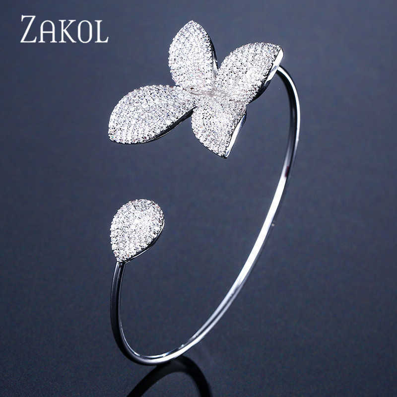 

Zakol Luxury Aaa Cubic Zircon Micro Pave Cuff Bangles for Women Fashion Rose Flower Wedding Jewelry Fsbp176 Q0720