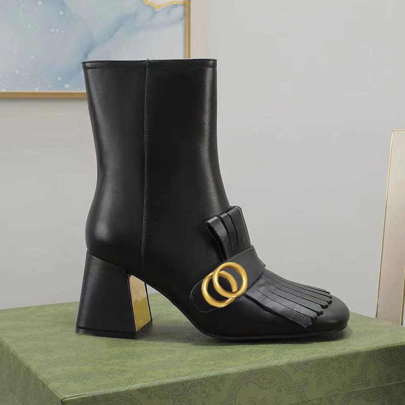 

Tassel boots woman cowhide zipper Metal buckle designer ankle boot 100% Leather lady High Heels fashion Autumn winter Thick heel women shoes Large size 35-40-42 With box, Black
