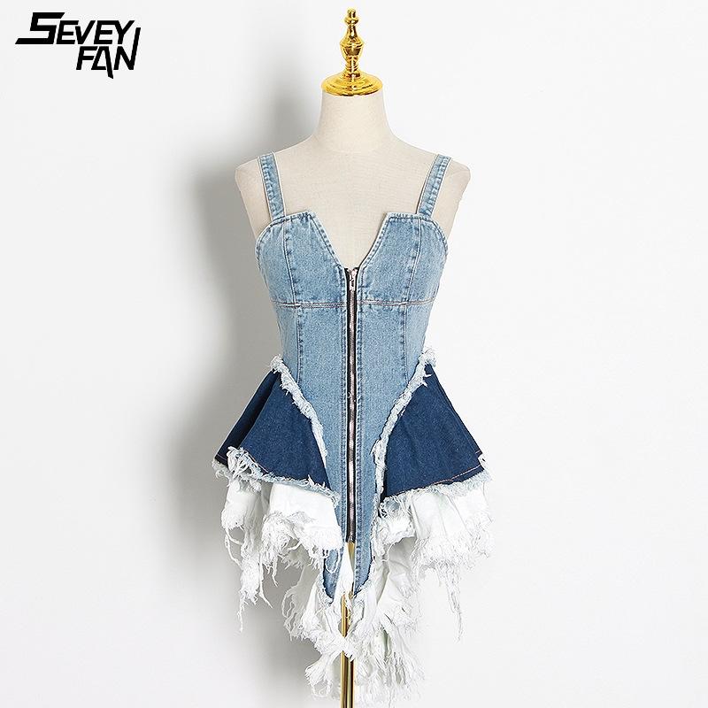 

Women' Jackets Sling Denim Jacket Skirt Women Corset Patchwork V Neck Sleeveless Backless Sexy Zipper Designer Irregular Hem Slim Mini, Blue