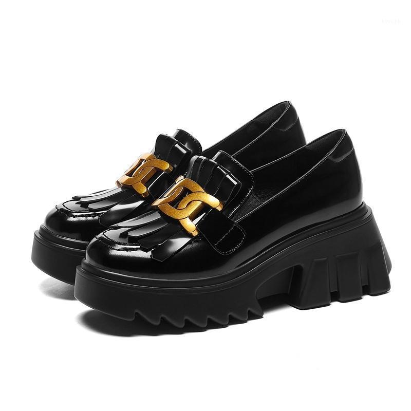 

Fashion Cow Leather Metal Platform High Heels Casual Spring Shoes Slip On Loafer Dress Tassel Increasing Women Pumps, Black
