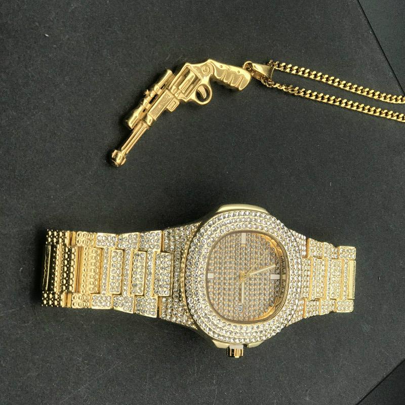 

Earrings & Necklace Hip Hop Men Gold Color Watch And Set Out Cuban Chain Pendant W/ 24" Box For, Silver