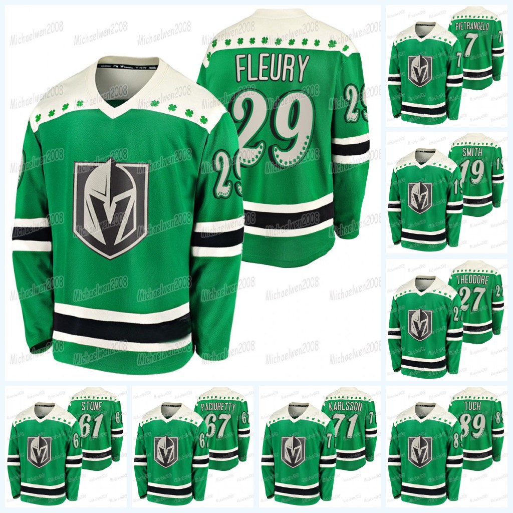 

Marc-Andre Fleury Vegas Golden Knights 2021 St Patricks Day Alex Pietrangelo Mark Stone Max Pacioretty Marchessault Alex Tuch jersey, Black;red