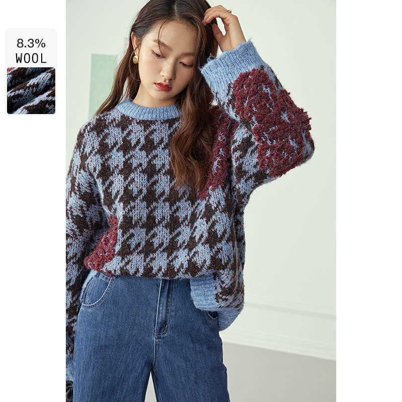 

FANSILANEN Wool oversized plaid knitted sweater Women autumn winter loose vintage pullover Female knitwear casual jumper top 210607, Blue