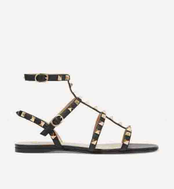 

Women Sandal Garavani Rock shoes sandal with studded leather sandals Ankle Strappy Sexy Ladies Sanals flat Sandalias With Box, Black