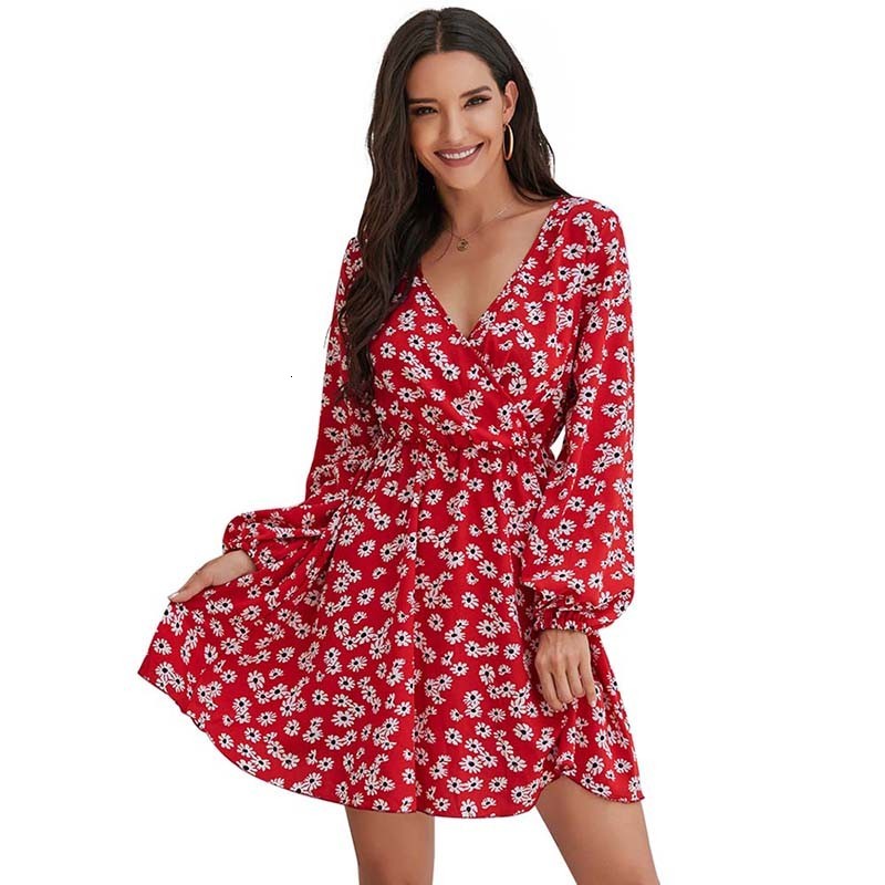 

2021 New Floral Long Sleeve Red Mini Women Autumn Winter V-neck Boho Ladies Sezy Elegant Es Vintage Casual Short Yklq, Black