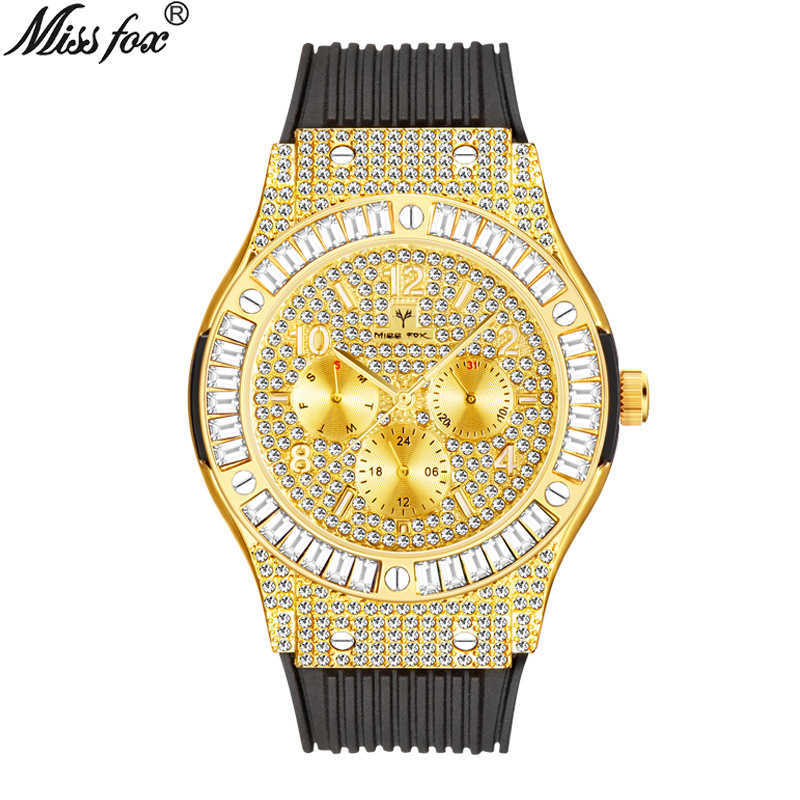 

Missfox watch new Japanese high-grade full diamond silicon tape multifunctional business men's Quartz Watch, Black