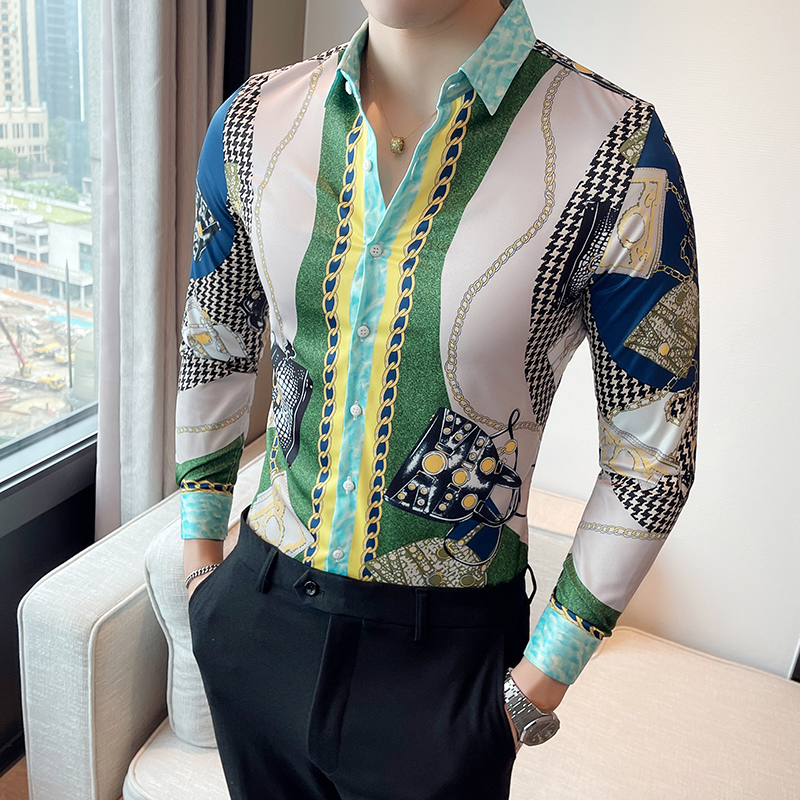 2022 spring and autumn mens long sleeve retro printed shirt slim korean trend casual highend business shirt men-image-730107563