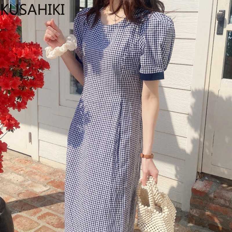 

KUSAHIKI Elegant Slim Waist Korean Plaid Dresses Chic Puff Sleeve O-neck Woman Dress Summer Fashion Vestidos 6H581 210602, Photo color