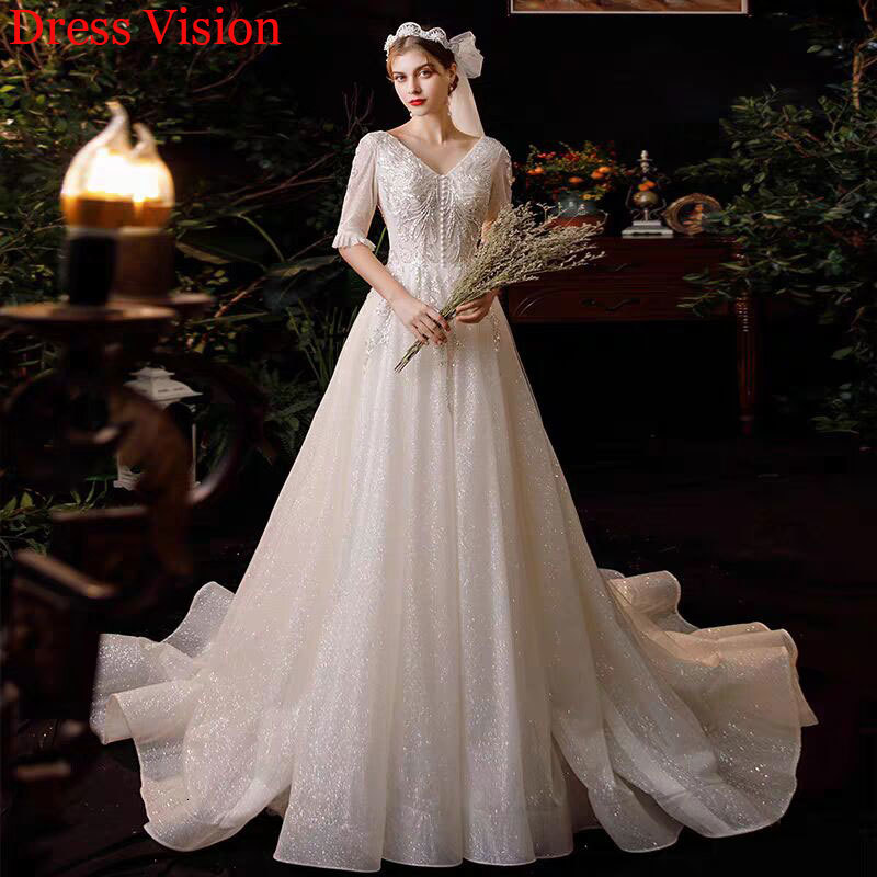 

2021 V-neck Wedding Marie Half Sleeve Vestido Noiva Party Gowns A-line Robe De Mariage Sweep Train A86t, Same as image