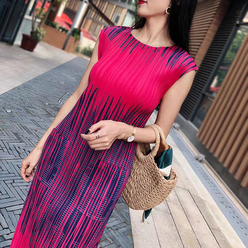 

2021 New Pleated Summer European Pocket Sleeveless Waist Striped High Fashion A-line 2112 0f86, Blue