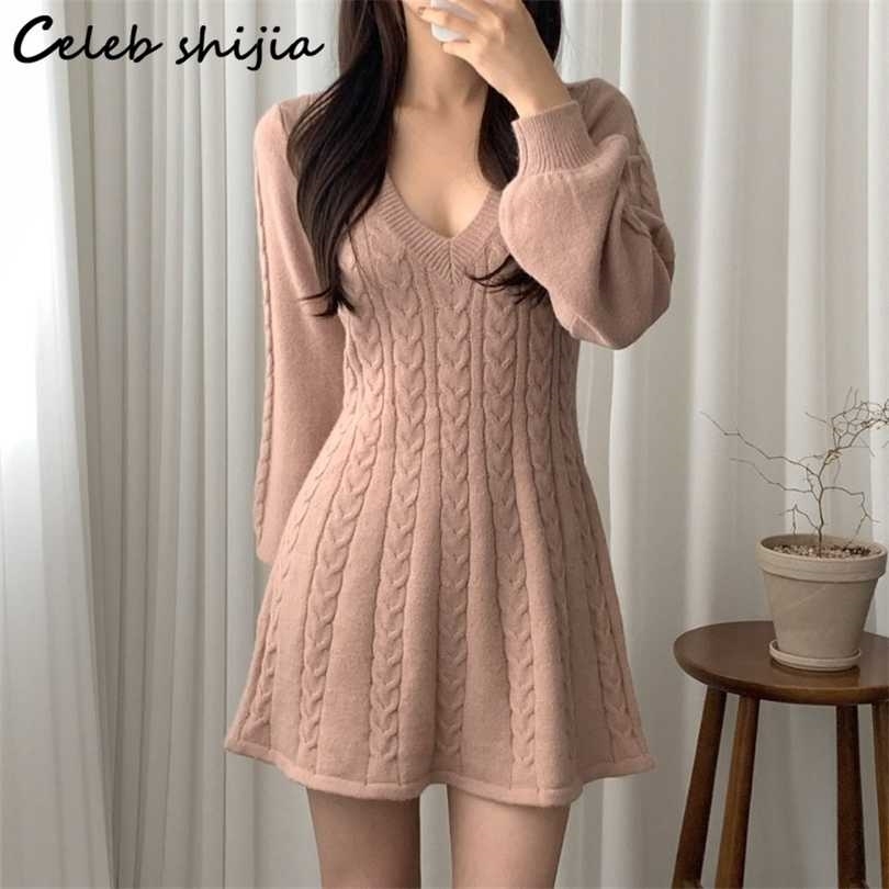 

Pink Woman Knit Dress V-neck Lantern Sleeve Sweet Clothing Autumn Winter Sweater Vestido Fall Sexy Woman' es 211110, Clear