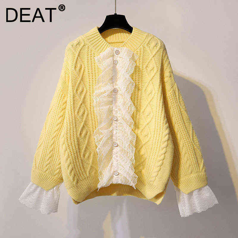 

DEAT Woman Sweater Knitted Oversized Lace Patchwork Flare Sleeve Round Collar Pullover Tops Casual Style 2021 New Autumn 15XM286 Y1110, Blue