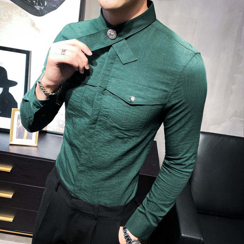 

2021 Korean New Men's Long Sleeve Top Yellow Solid Brand Casual Slim Fit Business Formal Wear Shirt Men Nnch