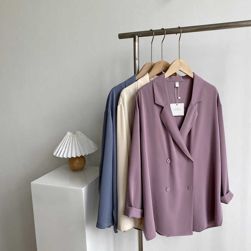 

HXJJP Spring Women's Coat Fashion Sunscreen Thin Blazers Office Female Double Breasted Notched Loose Blazer 210607, Purple