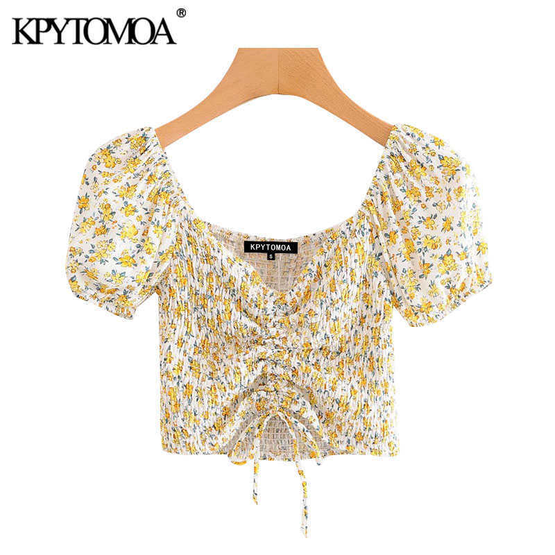 

KPYTOMOA Women Fashion With Drawstring Floral Print Cropped Blouses Vintage Puff Sleeve Back Elastic Female Shirts Chic Top 210721, As picture