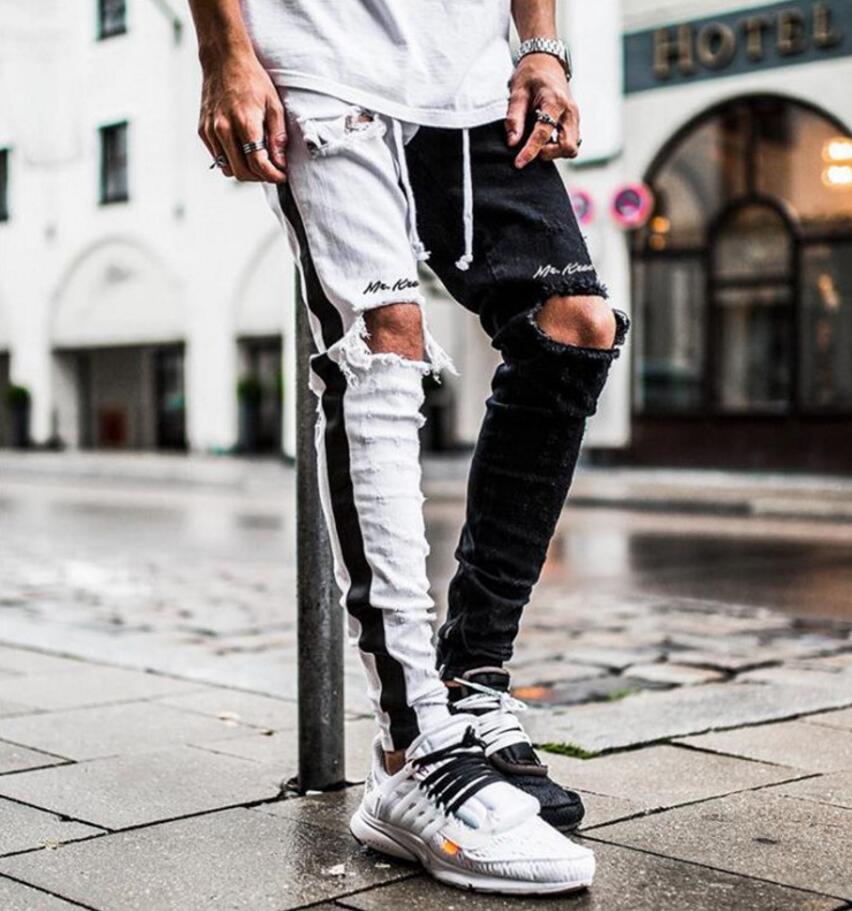 

Mens Designer Jeans Autumn Casual Street Style Hole Black and White Letter Printed Pencil Pants Fashion Mens Jeans, Multi