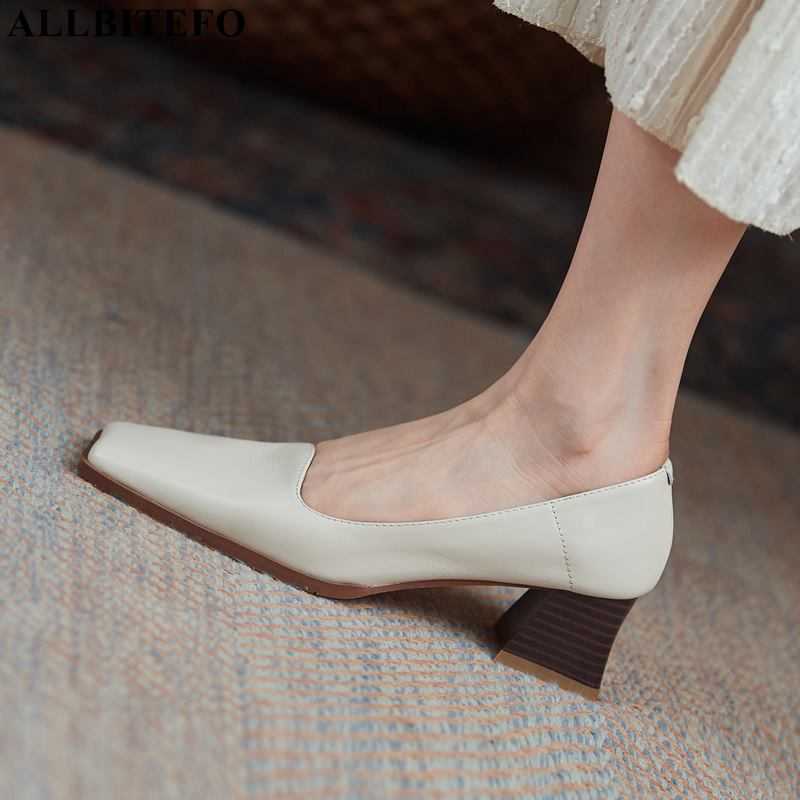 

ALLBITEFO Full genuine leather square toe brand high heels shoes women heels shoes thick heels office ladies shoes stiletto 210611, As picture