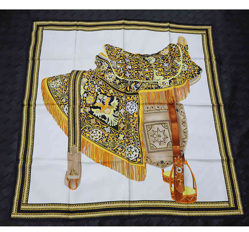 

saddle print 100% Natural Mulberry* 90*90cm Designer Silk Scarf Hand Rolled Edges foulard en soie luxe
