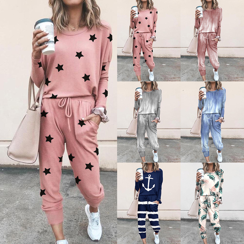 

2021 New Primavera Outono 2 Pea De Treino Feminino Impresso Flores Tie Dye Duas Peas Topo e Calas Compridas Conjunto 9js9, Watermelon red