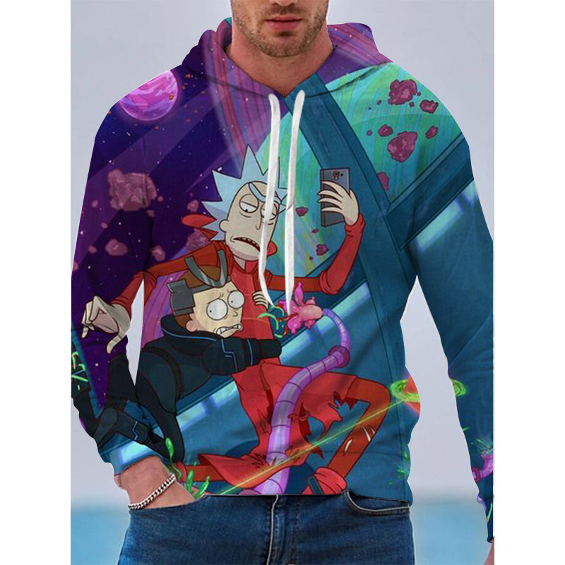 Fried street high street pattern mens 3D printed Anime Rick Customized hoodie visual impact party top punk goth round neck high quality American