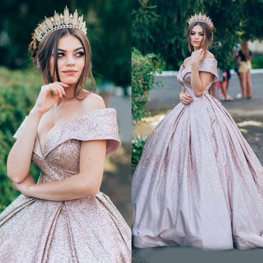 

Elegant Off The Shoulder Lace-Up Back Prom Gowns Sweet 16 Dresses Vestido Debutante Shiny Ball Gown Quinceanera Dresses, Orange