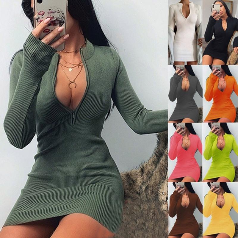 

Casual Dresses Bodycom Dress Women' Fashion Sexy With Zipper Solid Long-sleeved V-neck Autumn And Winter Robe Moulante, Army green