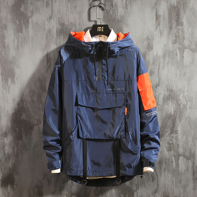 

2021 New Front Pocket Pullover Jackets Men Autumn Half Zipper Hoodie Jacket Male Hip Hop Casual Windbreaker Coat Streetwear Oyxf, Black