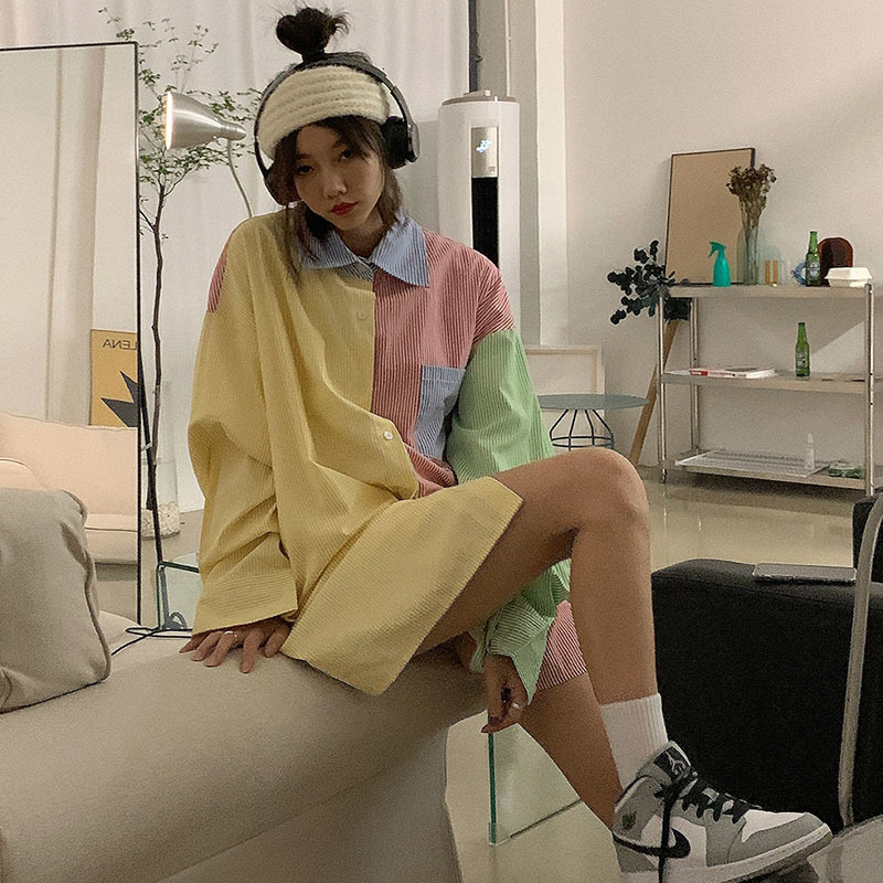 

2021 New Colorful Stripe Patchwork Style Long Sleeve Blouse Design Top Pocket Vintage Blouses Women Shirts 2bgk, Multi