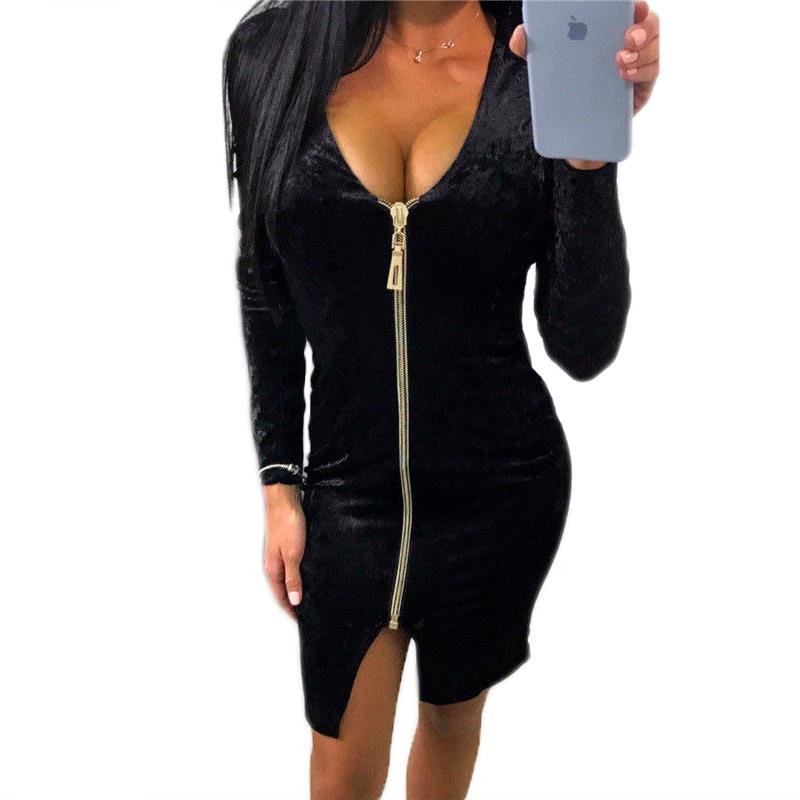 

Casual Dresses Women Lady 4 Colors Autumn Long Sleeve Bodycon Mini Dress V-neck Zipper Solid Backless Sexy Party Clubwear Pencil, Black