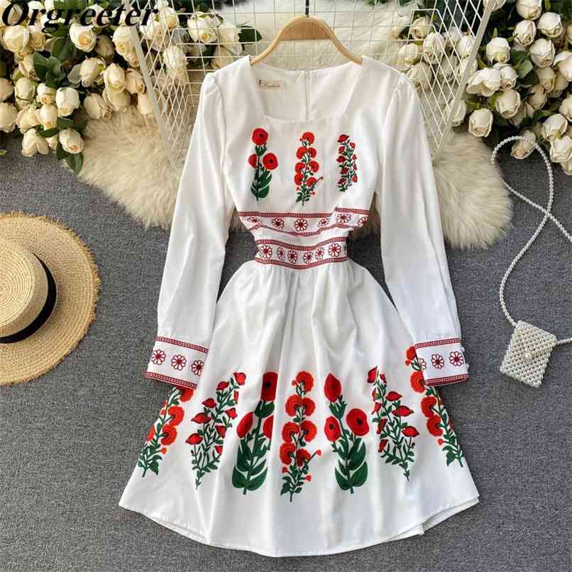 

Spring Fall Sweet Flower Print Knee-length Dress Women's Long Sleeve Square Collar White A-line Elegant Dresses 210602
