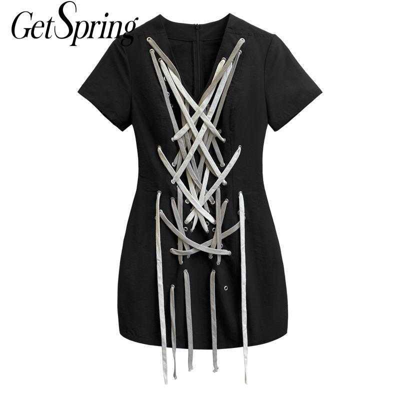 

GetSpring Women Dress Drawstring Bandage Black Dresses Short Sleeve Slim Thin Ladies Irregular Vintage Autumn 210601