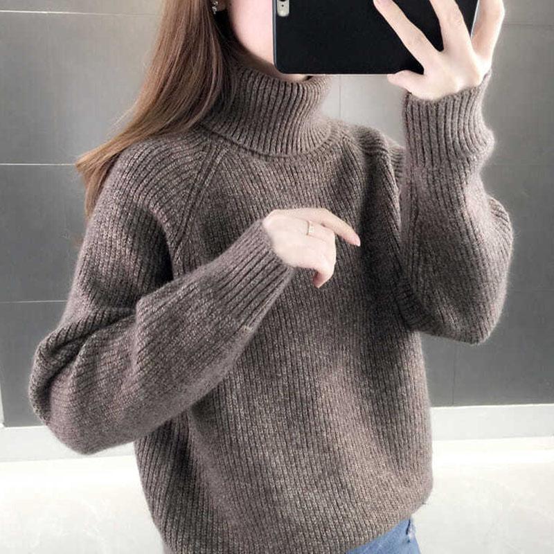 

Women's Sweaters Lucyever Autumn Winter Turtleneck Sweater Thick Warm Plush Cashmere Woman Casual Solid Loose Knitted Pullovers, Black