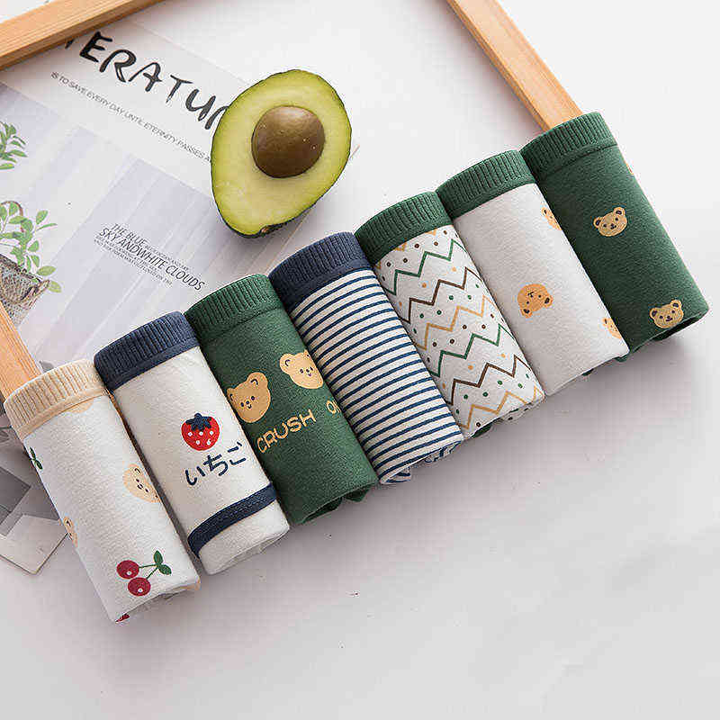 

7Pcs/Lot Panties Women Cotton Underwear Briefs Sexy Lingeries Cueca Calcinhas Underpant Girls Cute Green Bear Ladies 211109, As picture show