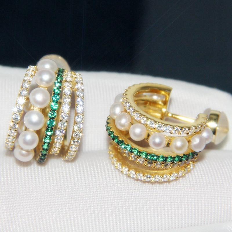 Stud Green Zircon 925 Sterling Silver Multi Circle Freshwater Pearl Earrings ROMECE Round Women Wedding Jewelry-image-701294154
