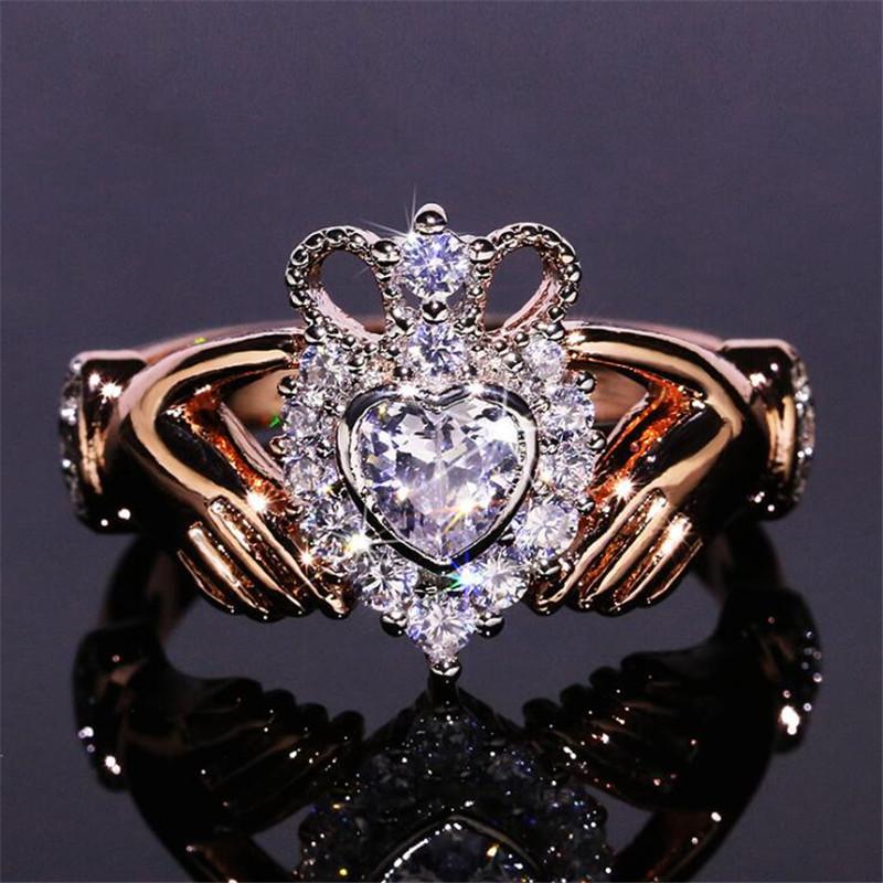 

New Women Fashion Jewelry Crown Wedding Ring 925 Sterling Silver&Rose Gold Fill Eternity Popular Women Engagement Claddagh Ring Gift, Slivery;golden
