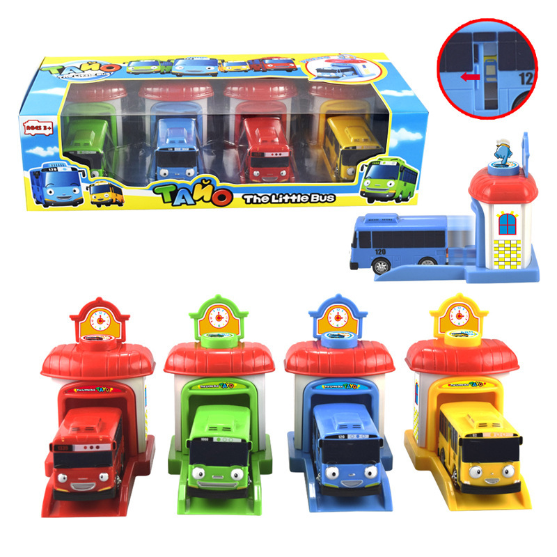 

4pcs/set Scale model tayo the little bus children miniature bus plastic baby oyuncak garage tayo bus kids toys Christmas gift 210226