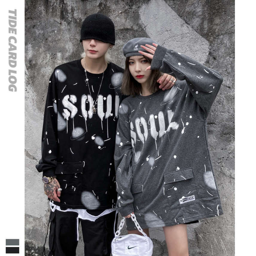 

Autumn winter new leisure pocket printing art splashing high street sweater loose couple men's and women's top bottom, Black