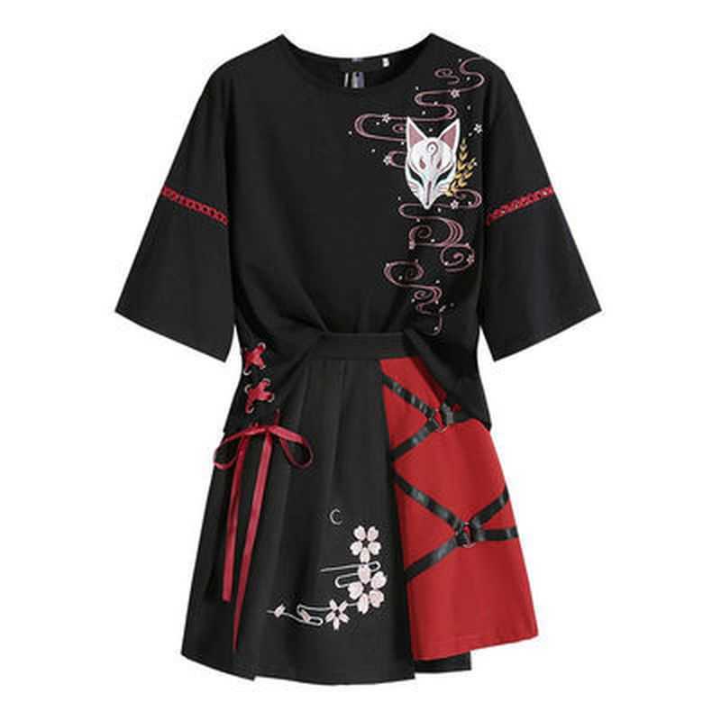 

Anime Demon Slayer Cosplay Women's Clothing Japanese Red Ribbon Girl Lolita T-shirt Short Skirt Set Adult Halloween Costumes Q0823, Top