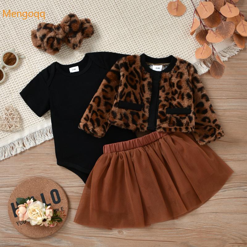 

Clothing Sets Infant Kids Baby Girls Leopard Top Coat Solid Bodysuits Mesh Tutu Skirts Headbands Bow Toddler Children Clothes Set 4pcs 3M-3Y, White