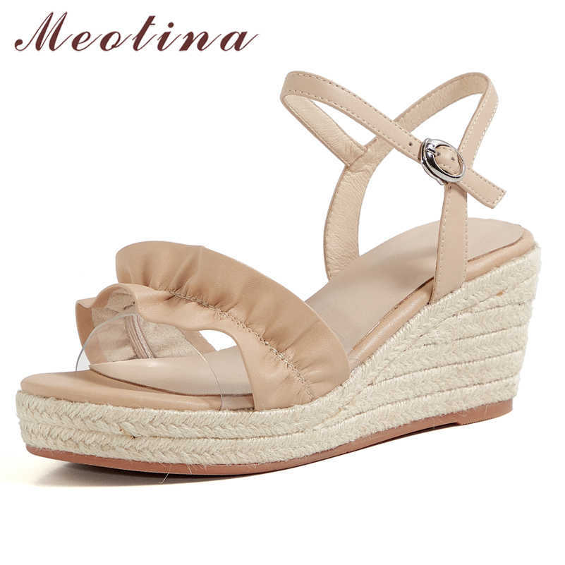 

Meotina Shoes Women Genuine Leather Sandals Espadrille Shoes Wedges High Heel Sandals Ruffles Round Toe Ladies Footwear Summer 210608, White