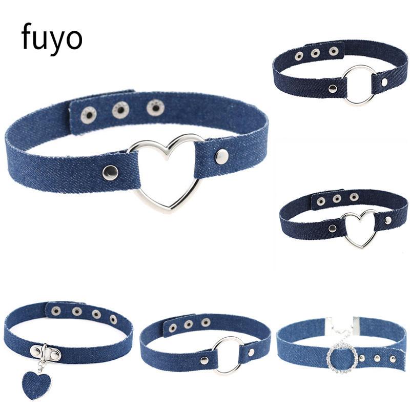 

Chokers Heart Round Denim Choker Necklace Multi Colors Harajuku Style Simple Sexy Collar Necklaces For Women Girl Punk Jewelry