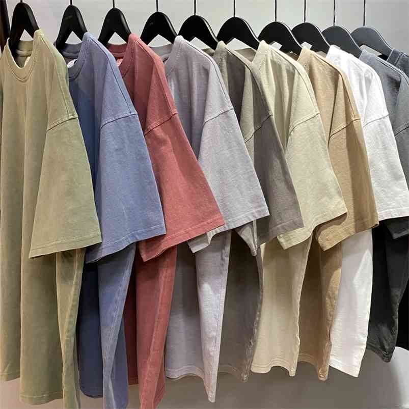 

Summer Garment-Washed Heavy Cotton T-shirt Short Sleeve Raglan Tops Hip Hop Tee Streetwear Nine Colors 210706, Washed khakigray