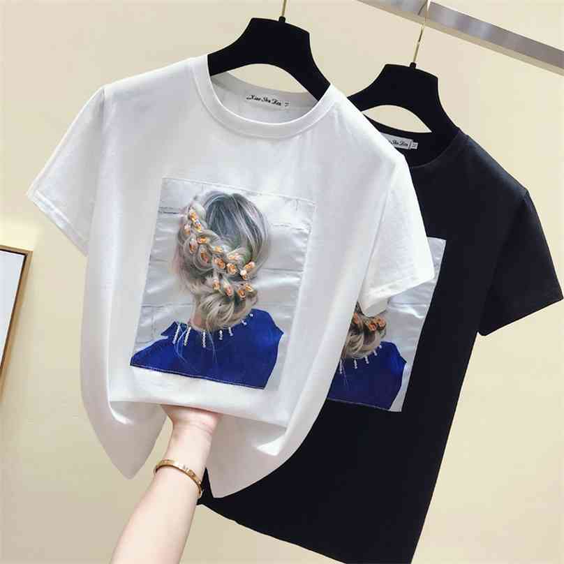 

gkfnmt Korea Style Fashion T-shirt Women Tops Cotton Short Sleeve Appliques White Tshirt Summer Top Black Tee Shirt 210720