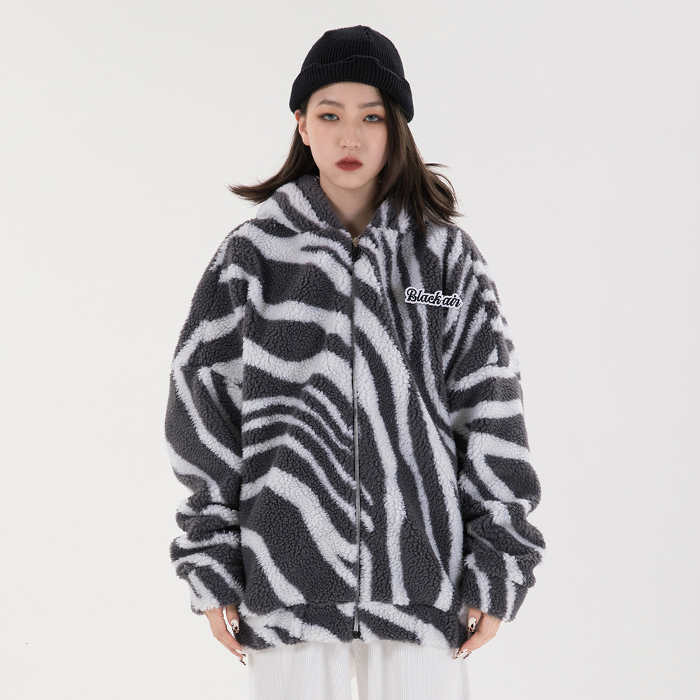 

2021 New High Street Zebra Print Lamb Casual Hooded Winter Coat Men and Women Thick Windbreaker Oversize Wadded Jacket Loose Parkas 0emp, Black