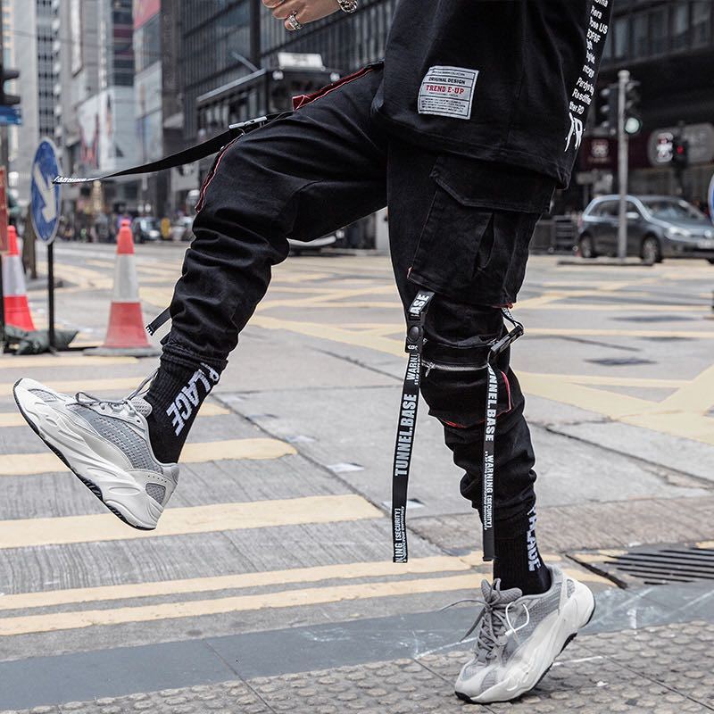 

Harajuku Long Pant Cargo Trousers 2021 New Fashion Streetwear Men Hip Hop Ribbons Pocket Joggers Pants Ppp7 P8ya, Black
