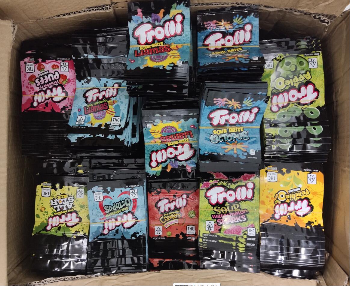 

2021 Newest selling bags 600mg trrlli trolli candy mylar bags heat seal zipper plastic gummies bags edibles packaging in stock