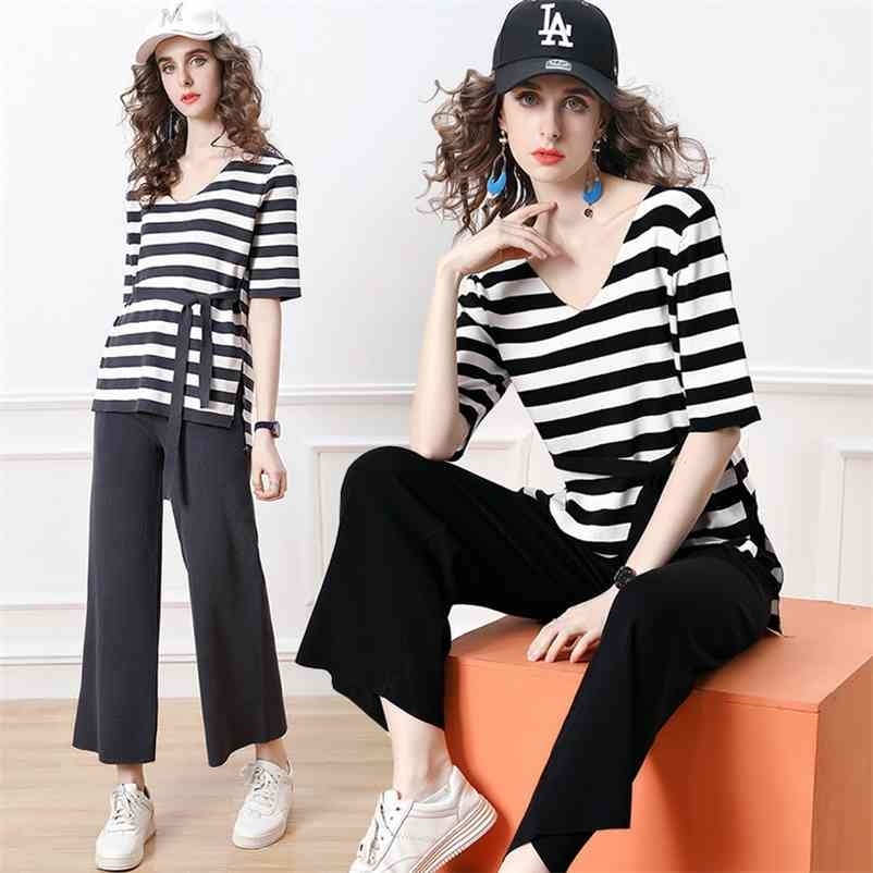 

summer thin loose and breathable striped sweater + casual simple knitted wide-leg pants comfortable all-match suit 210525, Black